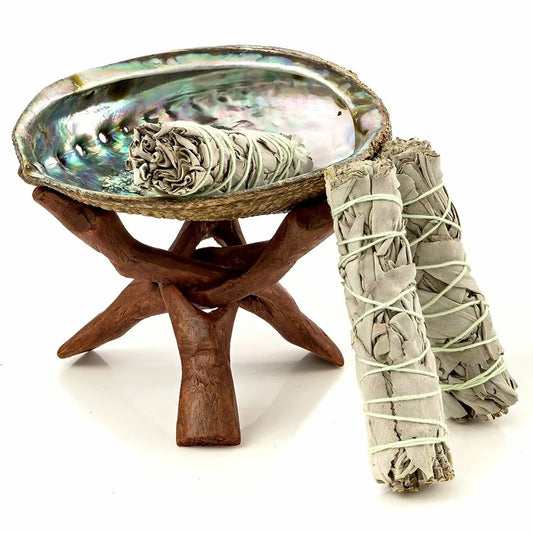 Abalone Shell and Wooden Tripod 6”
