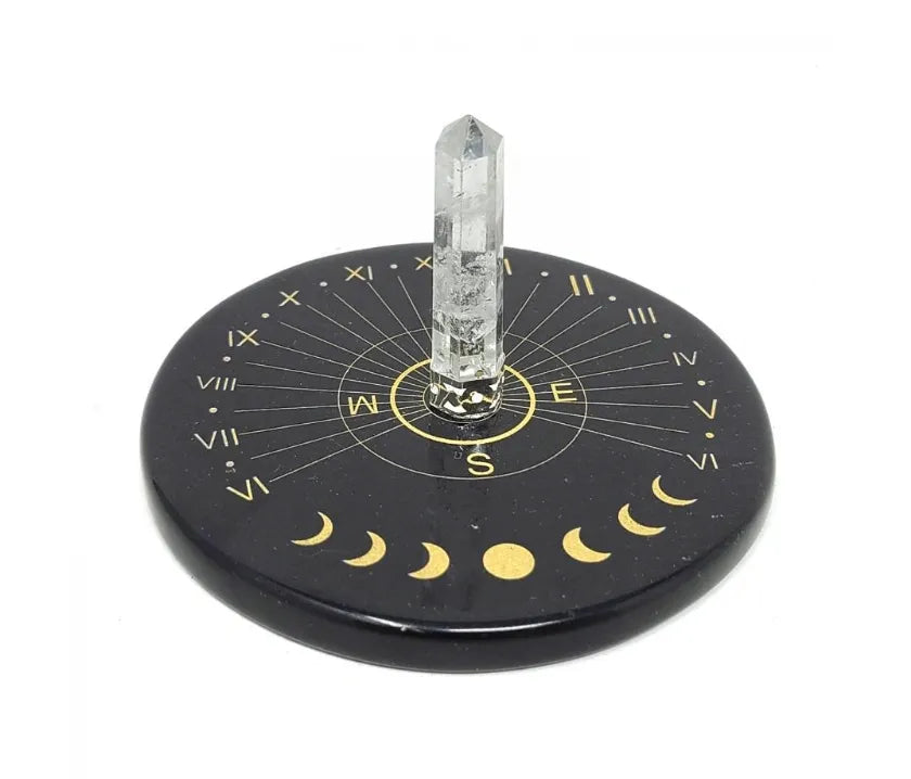 Black Agate Moon Phase Sun Clock Gold Printed Altar Tile w/ Crystal Quartz